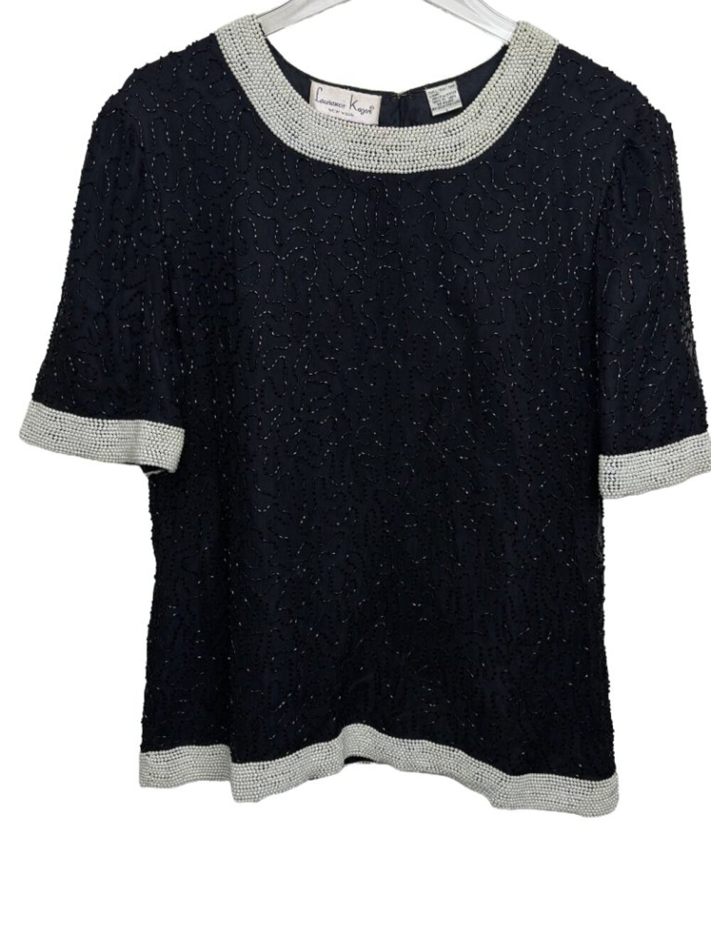 Vintage Lawrence Kazar Silk Black Beaded Pearl Short Sleeve Top L Art Deco Glam